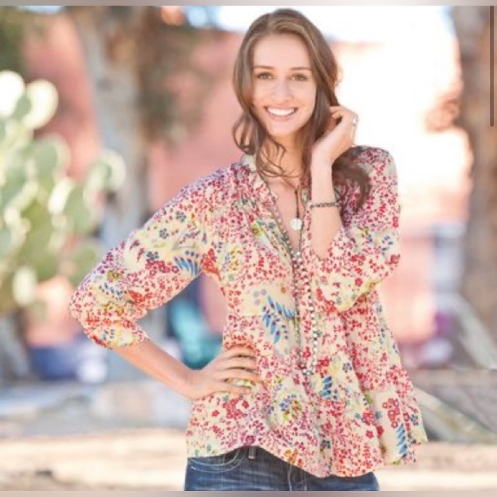 SUNDANCE Catalog Flower Festival Washable Silk Blouse Tiered Top Ivory Shirt